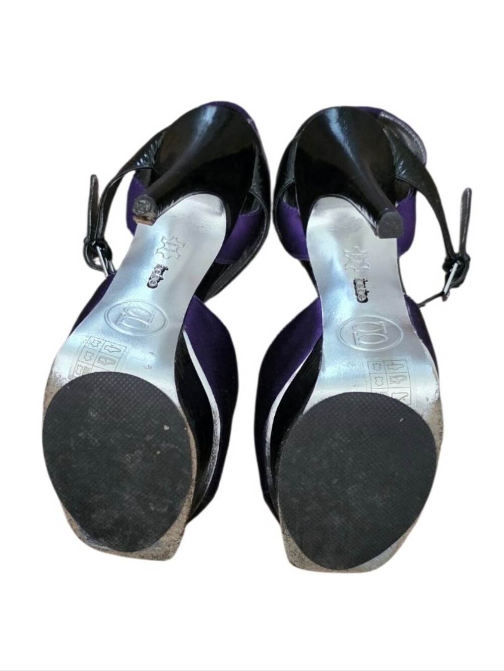 Bebe Purple Black Satin Platform Peep Toe Heels Size 7 - Picture 13 of 16